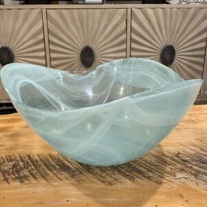 Abigails Aqua Blue Swirl Glass Bowl Folded Satin Glass Bowl Lines Swirls Vintage